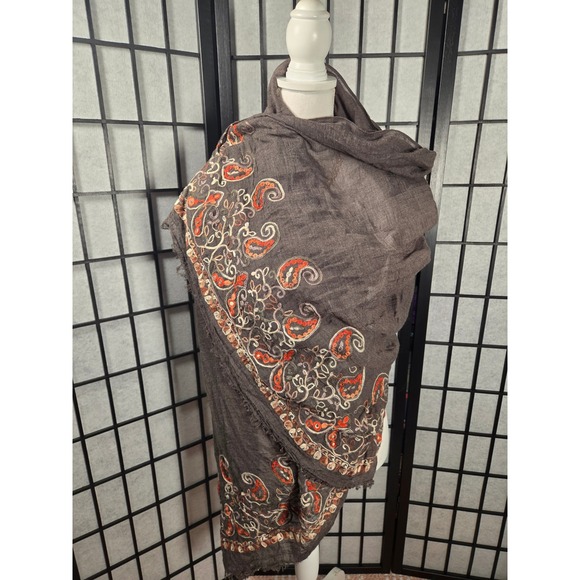 Accessories - Paisley Embroidered Shawl Scarf Frayed Edge Cotton Blend Wrap Boho Scarf